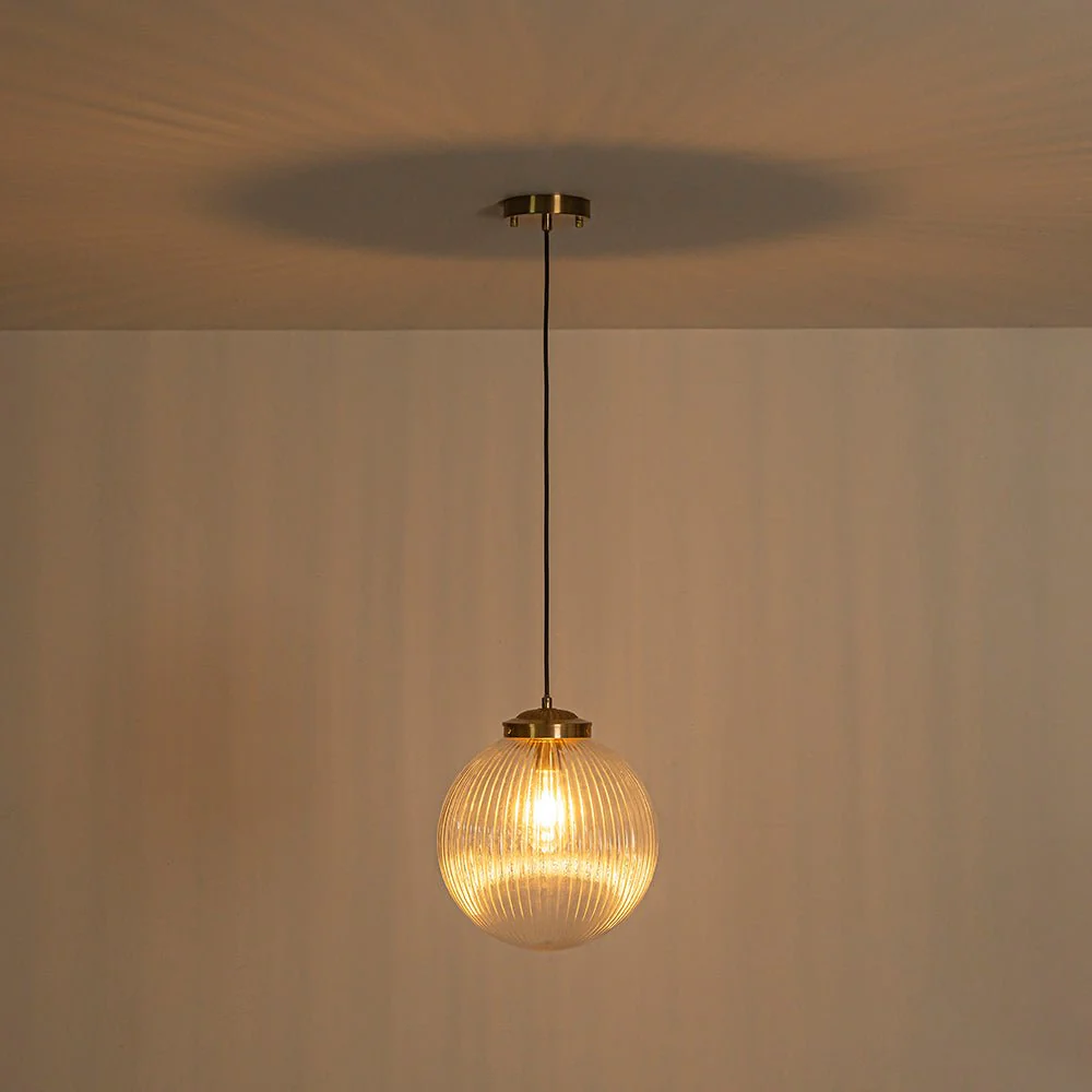 Mid-Century 1-Light Clear Ribbed Glass Globe Pendant - Image 12