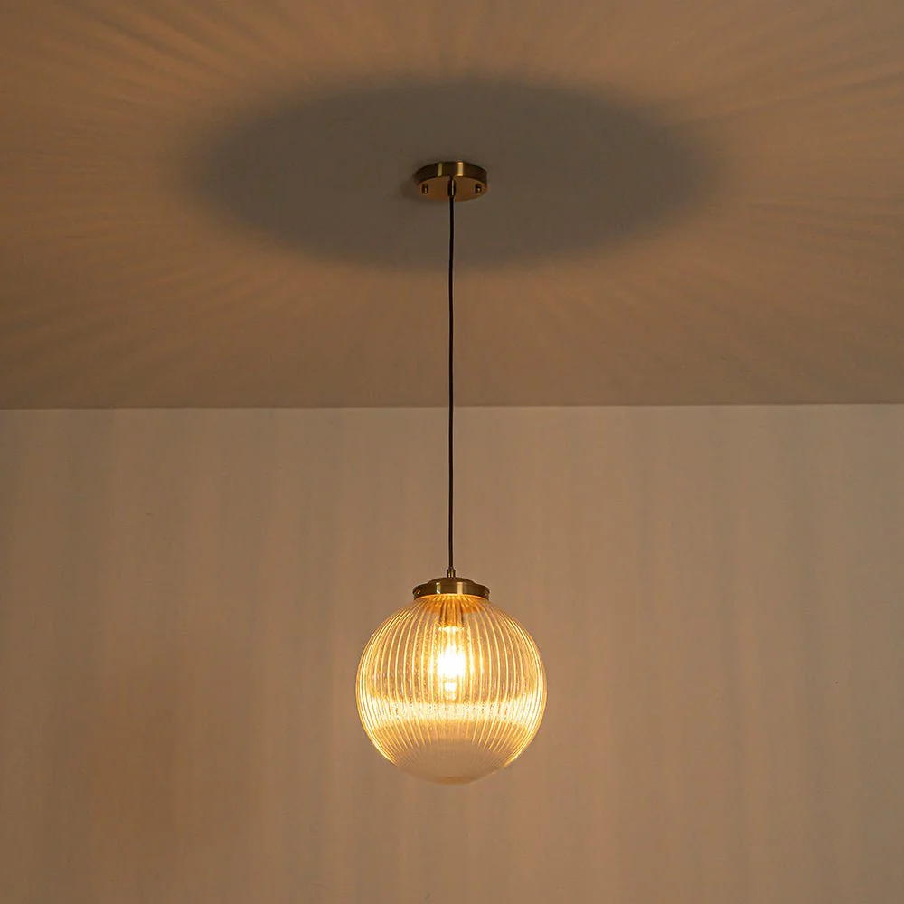 Mid-Century 1-Light Clear Ribbed Glass Globe Pendant - Image 13