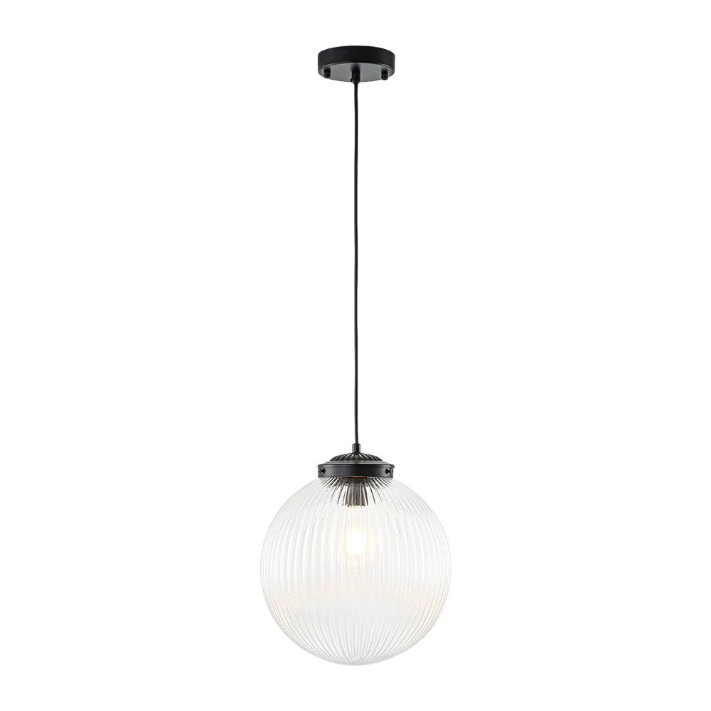Mid-Century 1-Light Clear Ribbed Glass Globe Pendant - Image 17