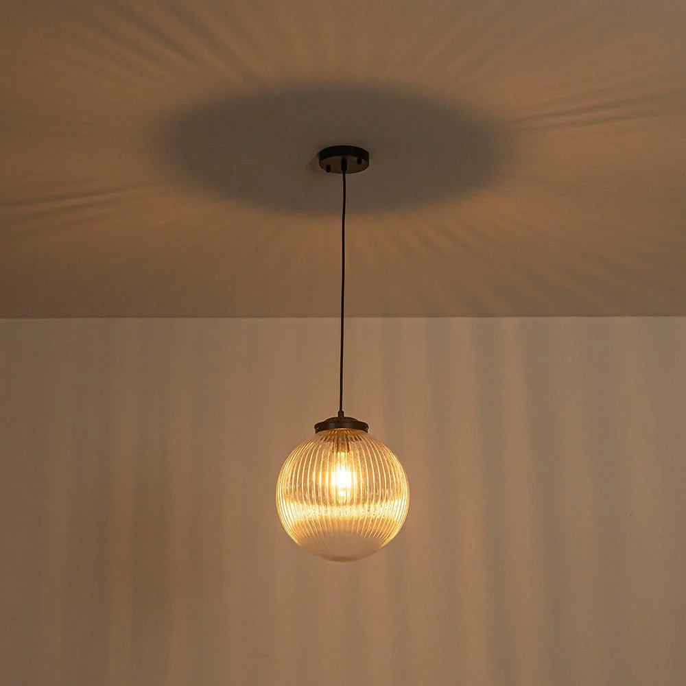 Mid-Century 1-Light Clear Ribbed Glass Globe Pendant - Image 19
