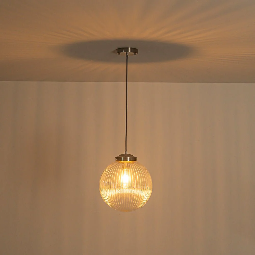 Mid-Century 1-Light Clear Ribbed Glass Globe Pendant - Image 26