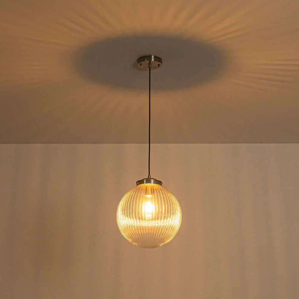 Mid-Century 1-Light Clear Ribbed Glass Globe Pendant - Image 27