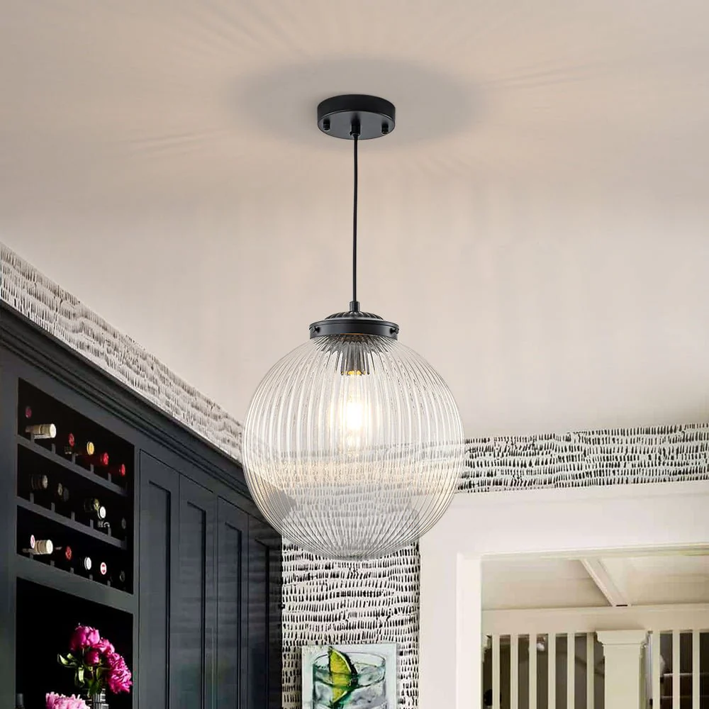 Mid-Century 1-Light Clear Ribbed Glass Globe Pendant - Image 3