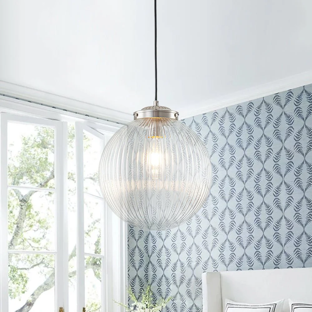 Mid-Century 1-Light Clear Ribbed Glass Globe Pendant - Image 5
