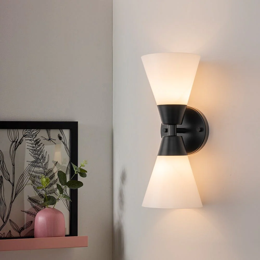 Mid-Century 2-Light Up Down Opal Glass Cone Wall Sconce - Image 4