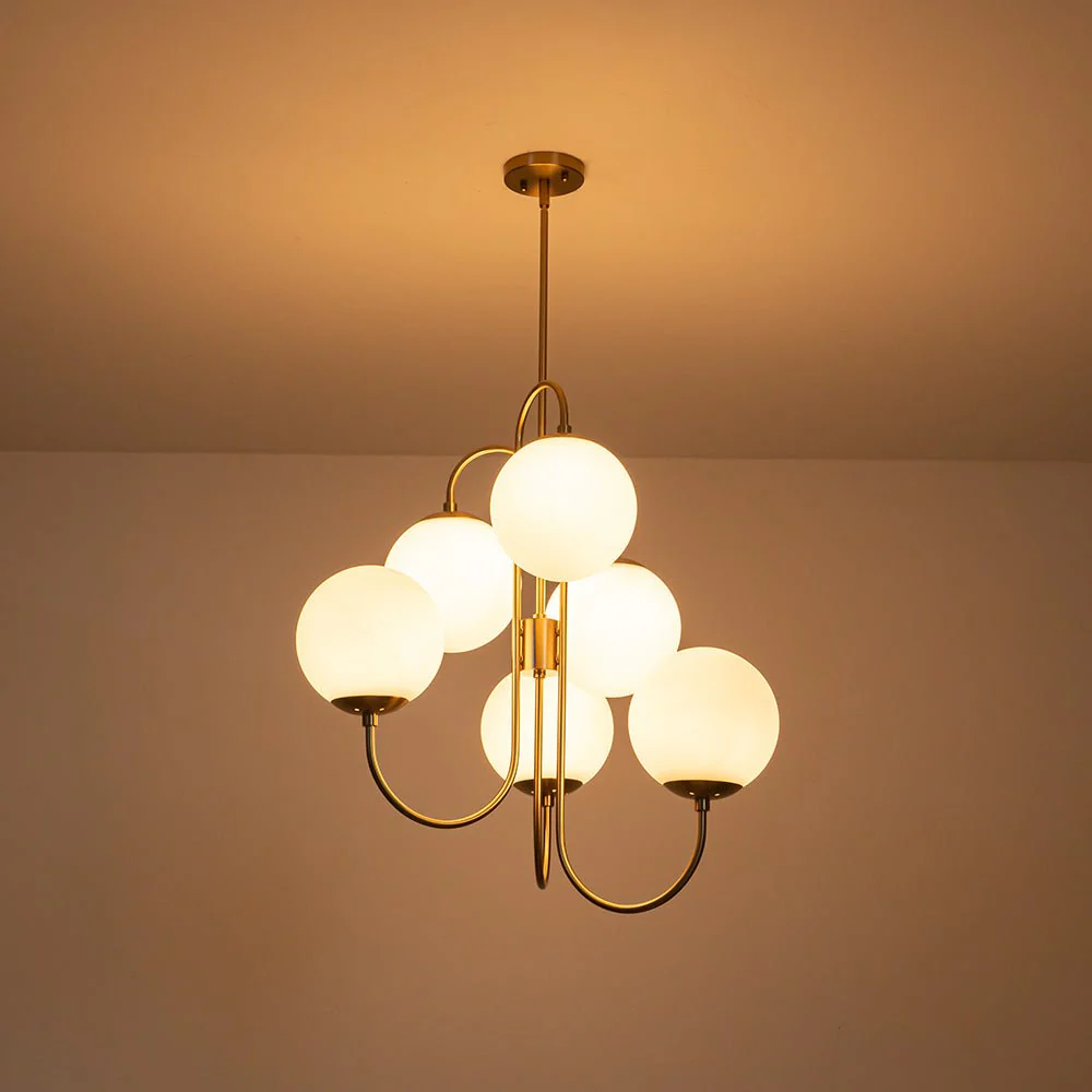 Mid-Century 6-Light Goose Arm Opal Glass Globe Tiered Chandelier - Image 10