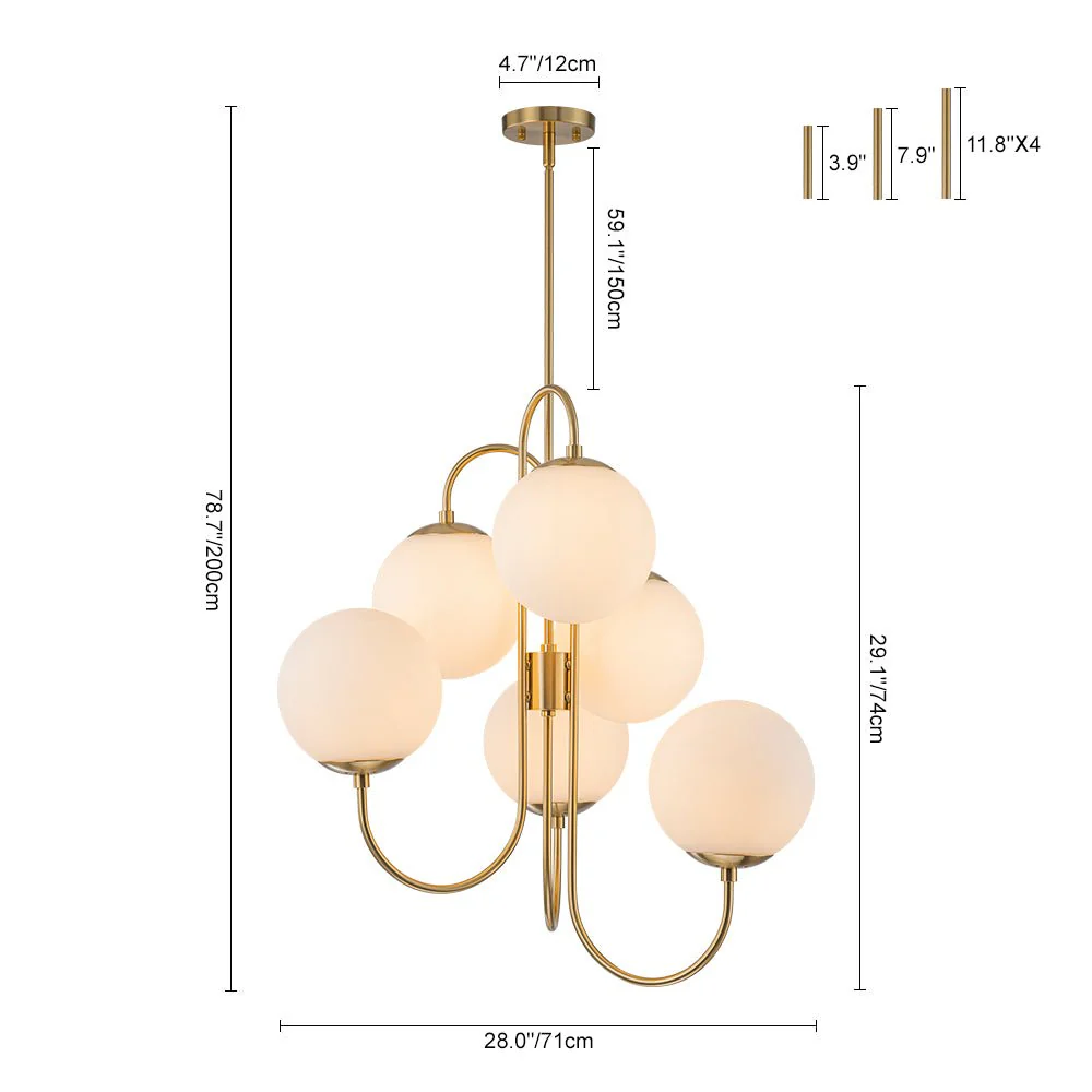Mid-Century 6-Light Goose Arm Opal Glass Globe Tiered Chandelier - Image 8