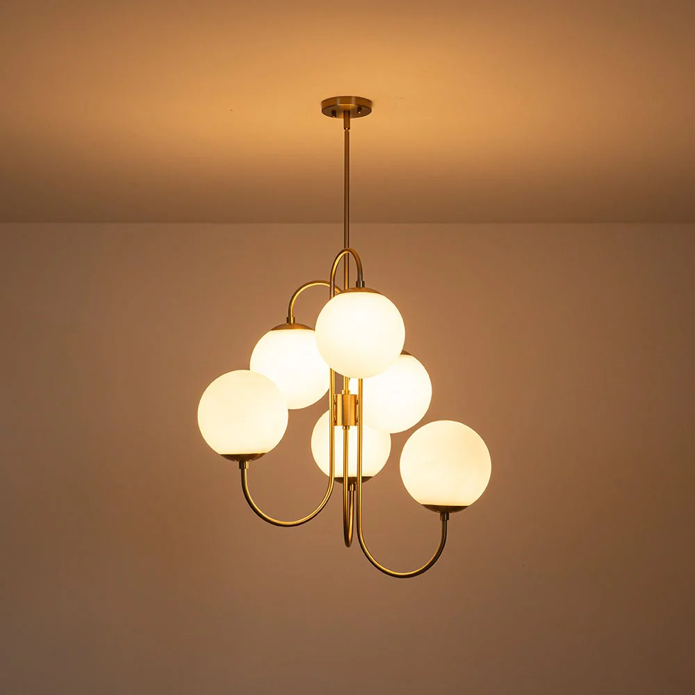 Mid-Century 6-Light Goose Arm Opal Glass Globe Tiered Chandelier - Image 9