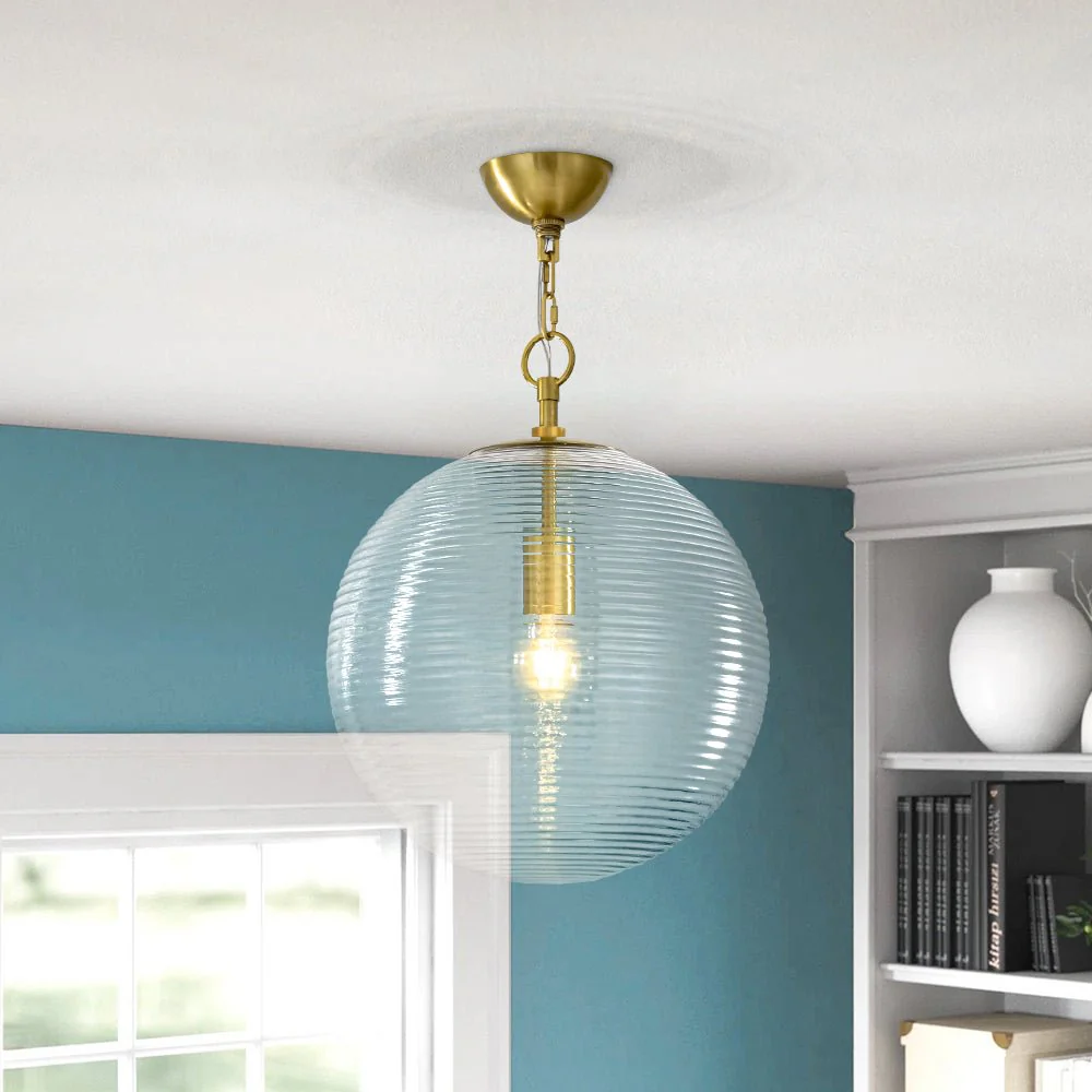 Mid-Century Brass 1-light Clear Reeded Glass Globe Pendant - Image 2