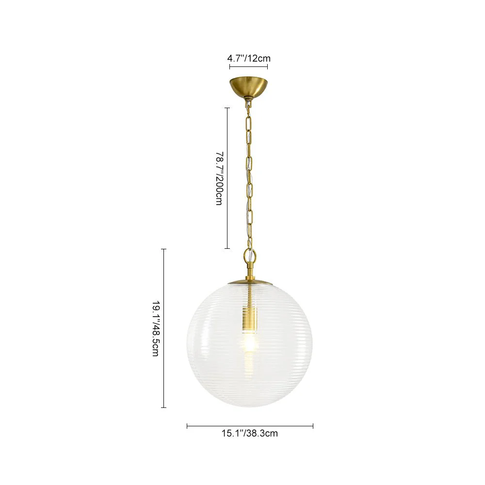 Mid-Century Brass 1-light Clear Reeded Glass Globe Pendant - Image 3