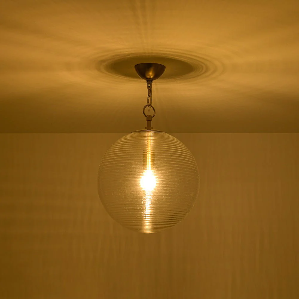 Mid-Century Brass 1-light Clear Reeded Glass Globe Pendant - Image 4