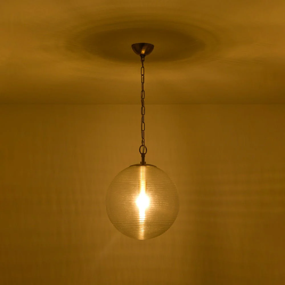 Mid-Century Brass 1-light Clear Reeded Glass Globe Pendant - Image 5