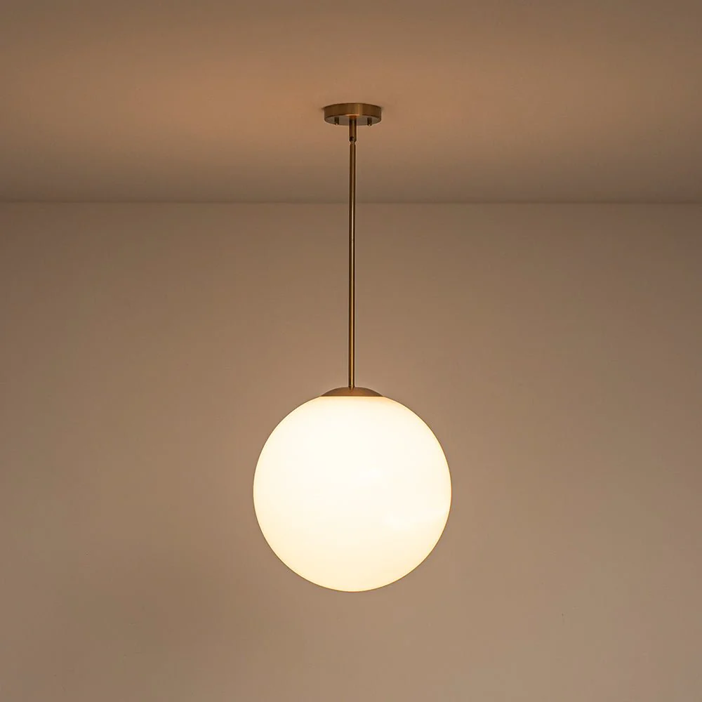 Mid-Century Brass 1-light Shine Opal Glass Globe Pendant - Image 13