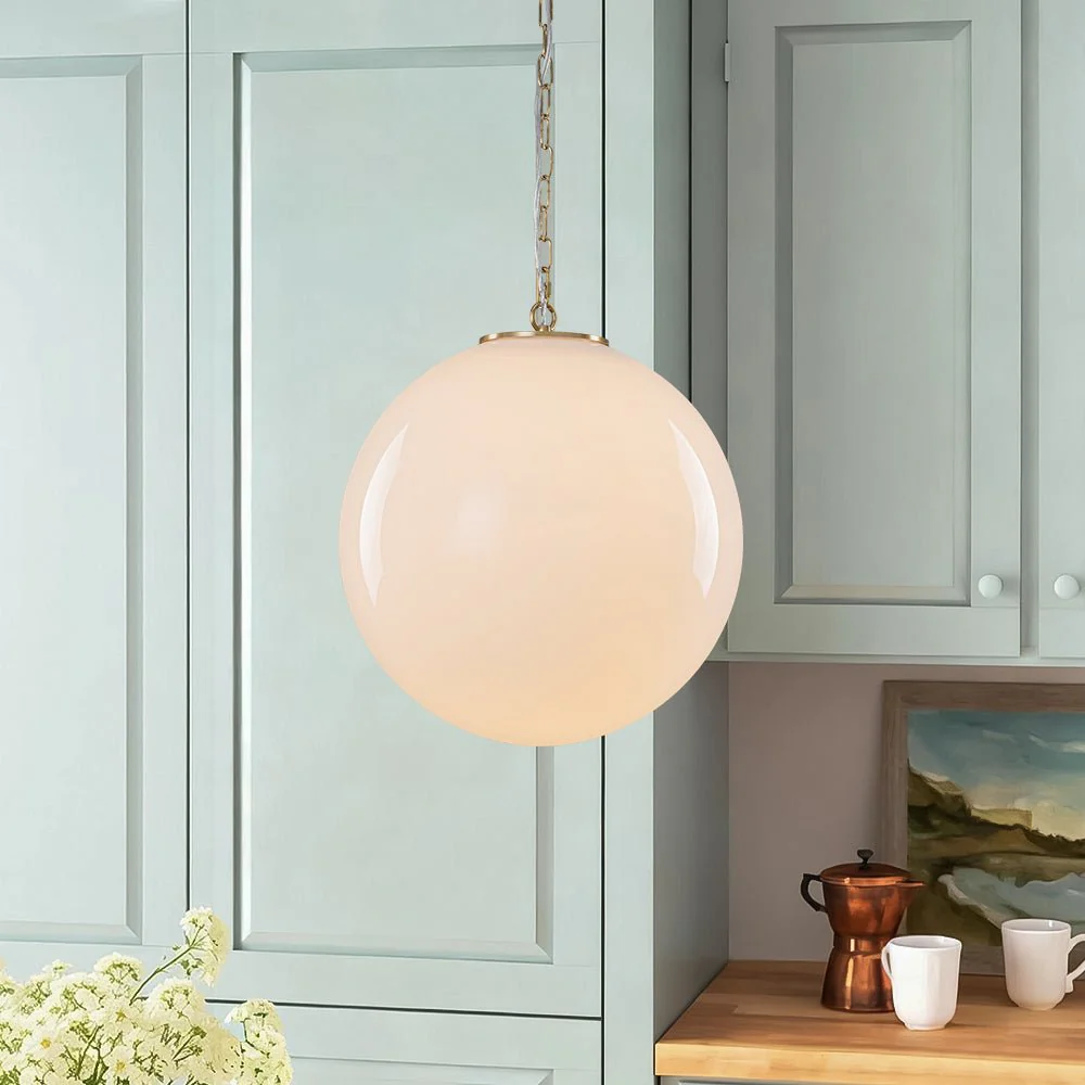 Mid-Century Brass 1-light Shine Opal Glass Globe Pendant - Image 3