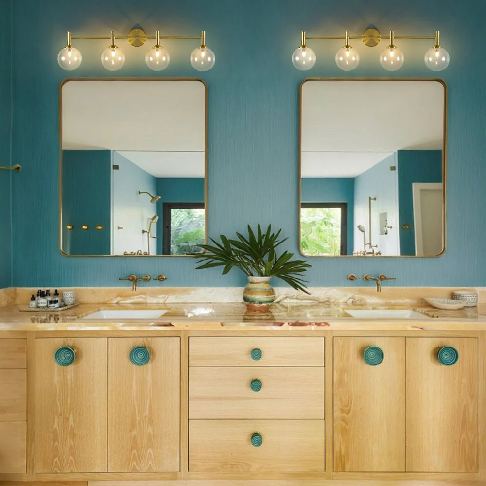 Mid-Century Brass 4-Light Glass Globe Vanity Sconce - Image 3