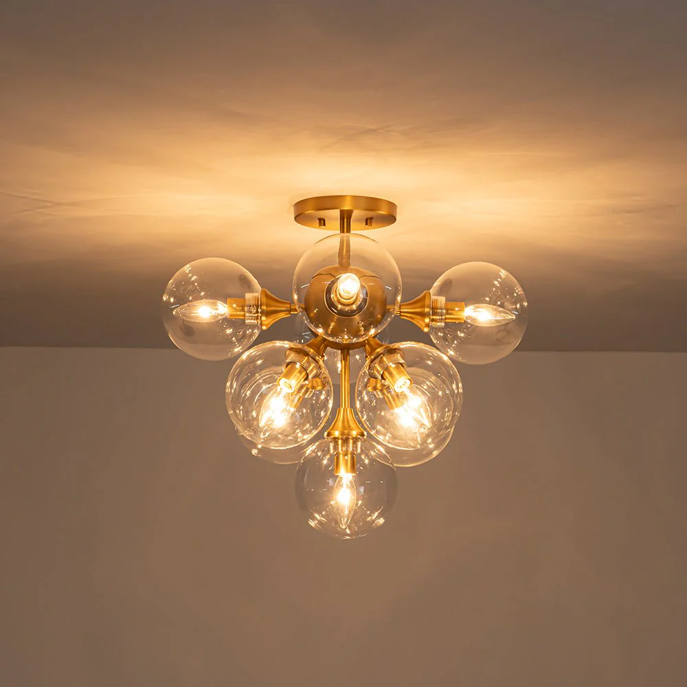 Mid-Century Brass Glass Bubble Tiered Semi Flush Chandelier - Image 3