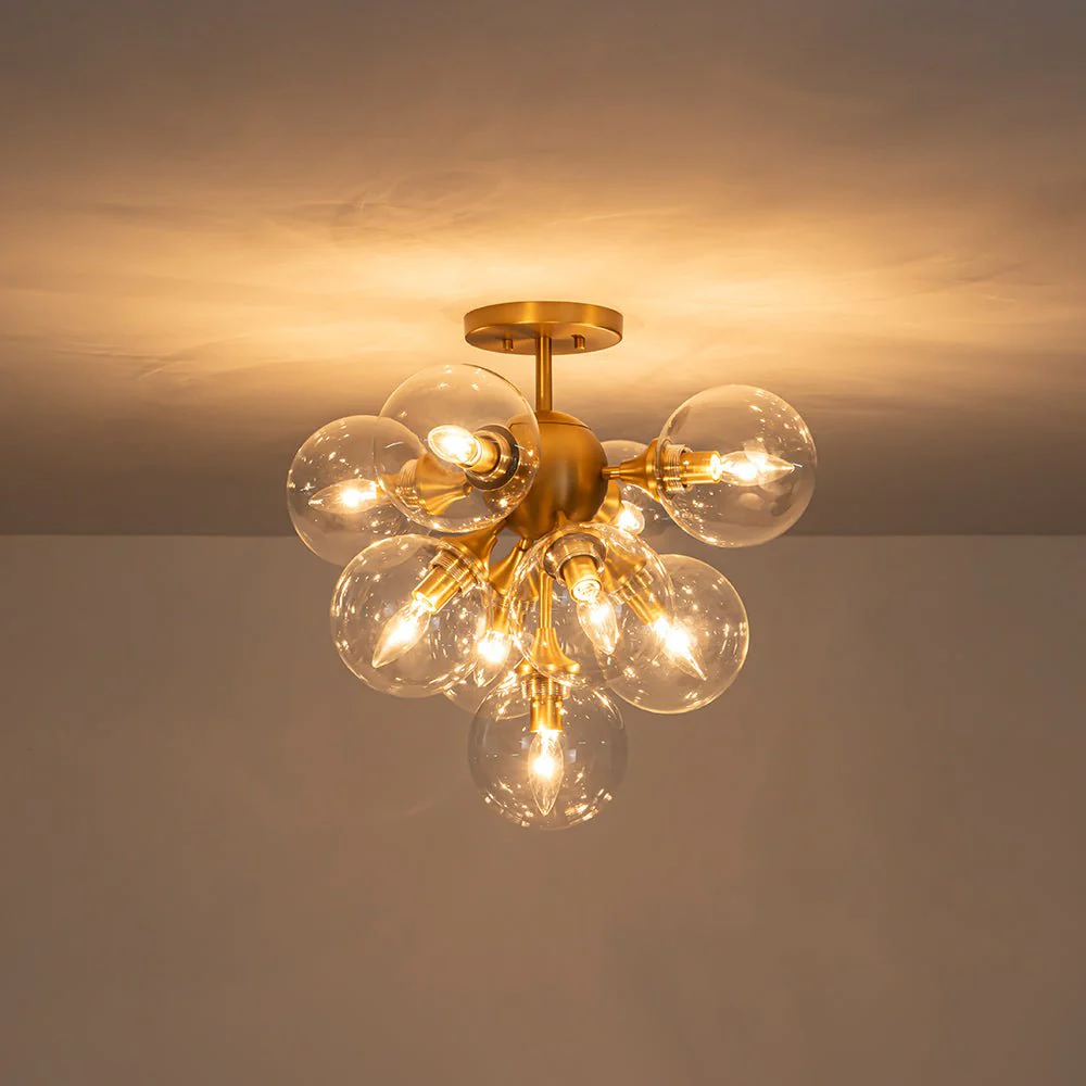 Mid-Century Brass Glass Bubble Tiered Semi Flush Chandelier - Image 4