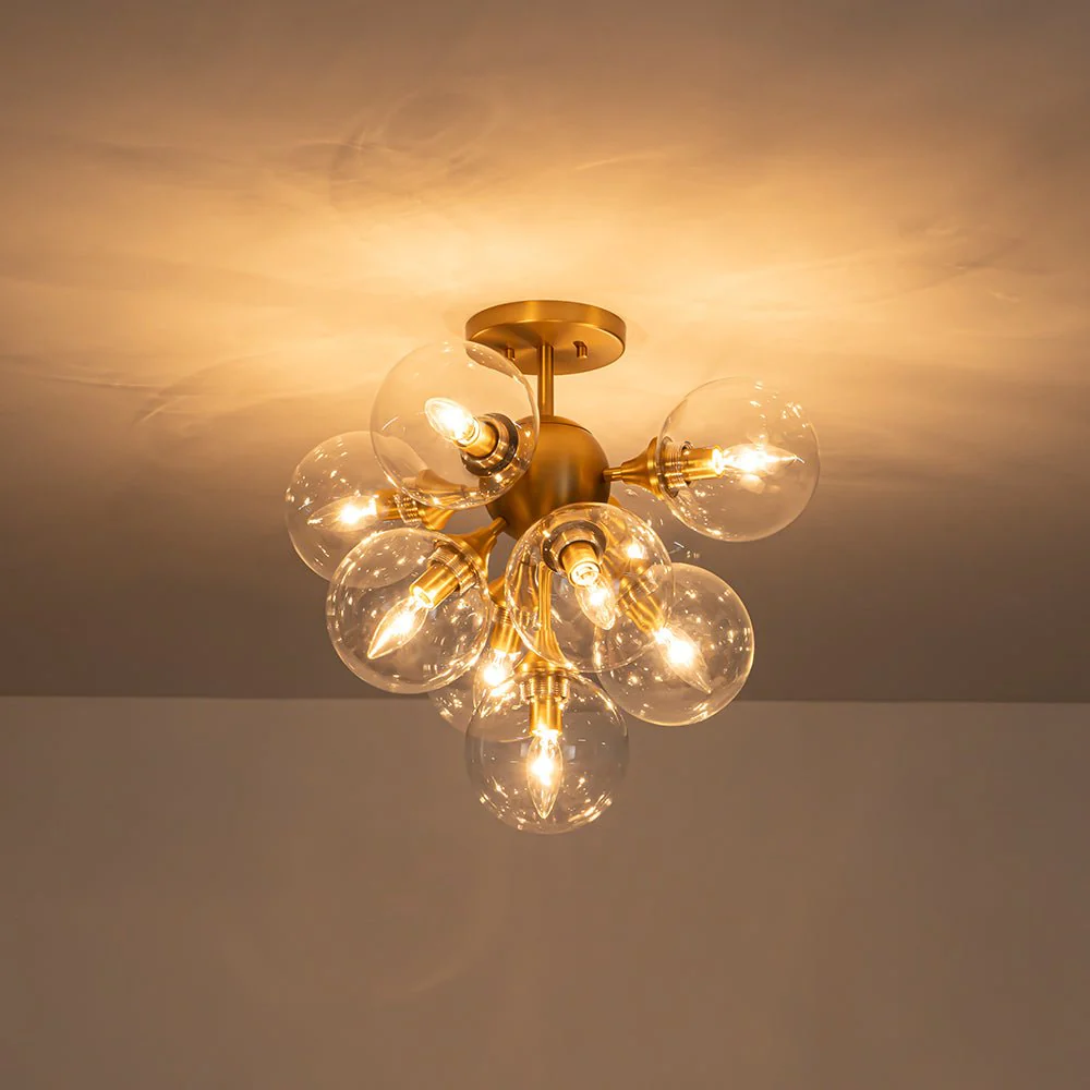 Mid-Century Brass Glass Bubble Tiered Semi Flush Chandelier - Image 5