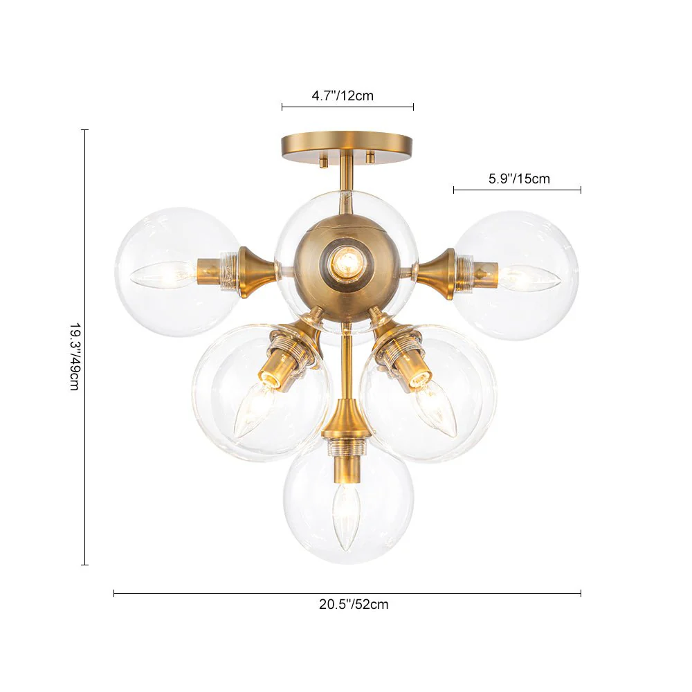 Mid-Century Brass Glass Bubble Tiered Semi Flush Chandelier - Image 6