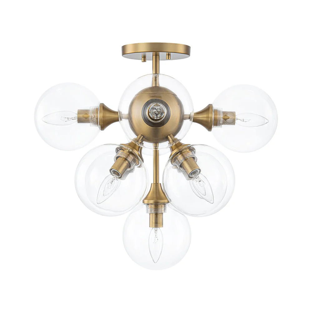 Mid-Century Brass Glass Bubble Tiered Semi Flush Chandelier - Image 7