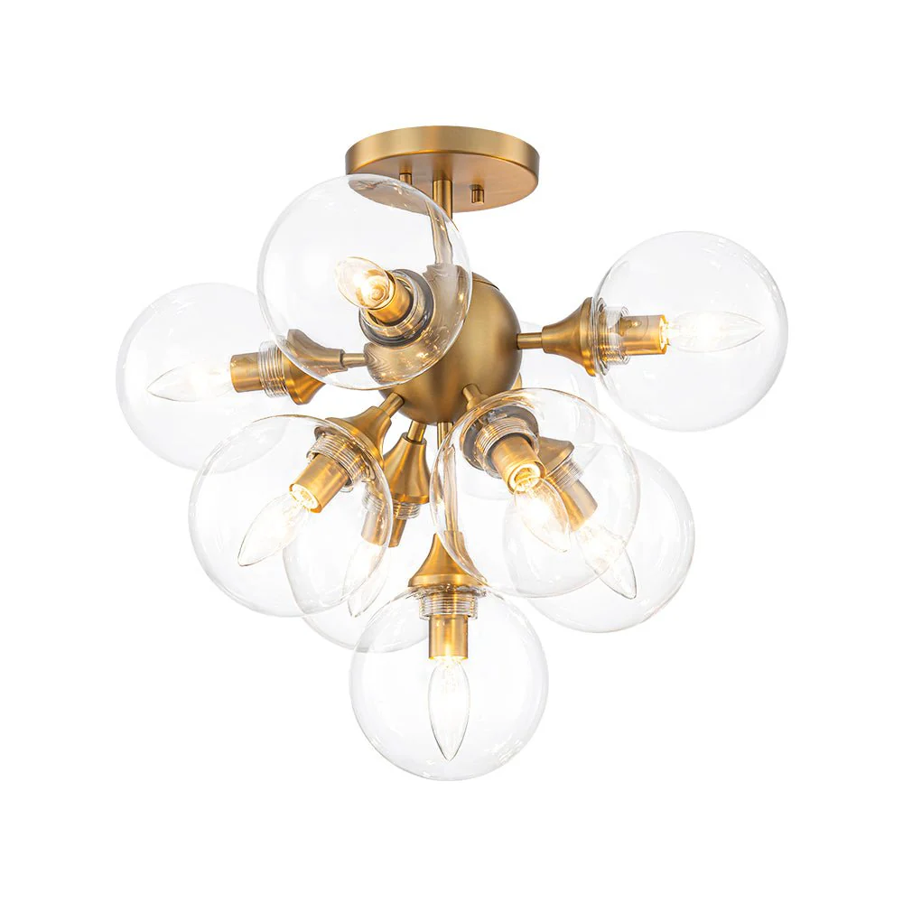 Mid-Century Brass Glass Bubble Tiered Semi Flush Chandelier - Image 9