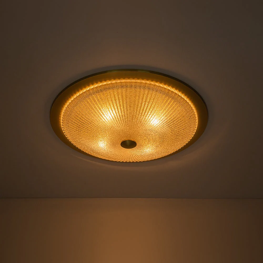 Mid-Century Brass Ribbed Textured Scalloped Glass Flush Mount - Image 13