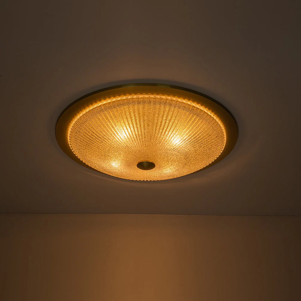 Mid-Century Brass Ribbed Textured Scalloped Glass Flush Mount - Image 14