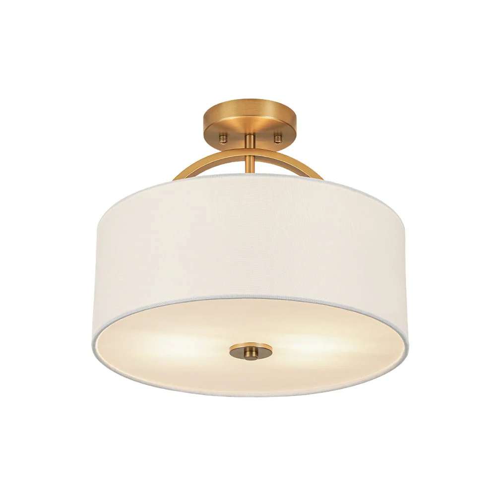 Mid-Century Brass Wide Linen Drum Semi Flush Mount - Image 15