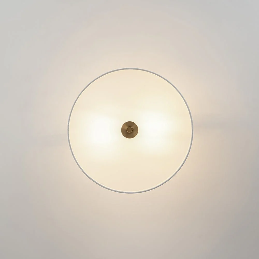 Mid-Century Brass Wide Linen Drum Semi Flush Mount - Image 16