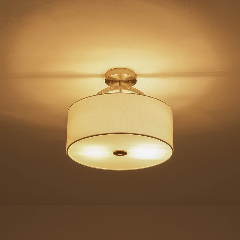 Mid-Century Brass Wide Linen Drum Semi Flush Mount - Image 24