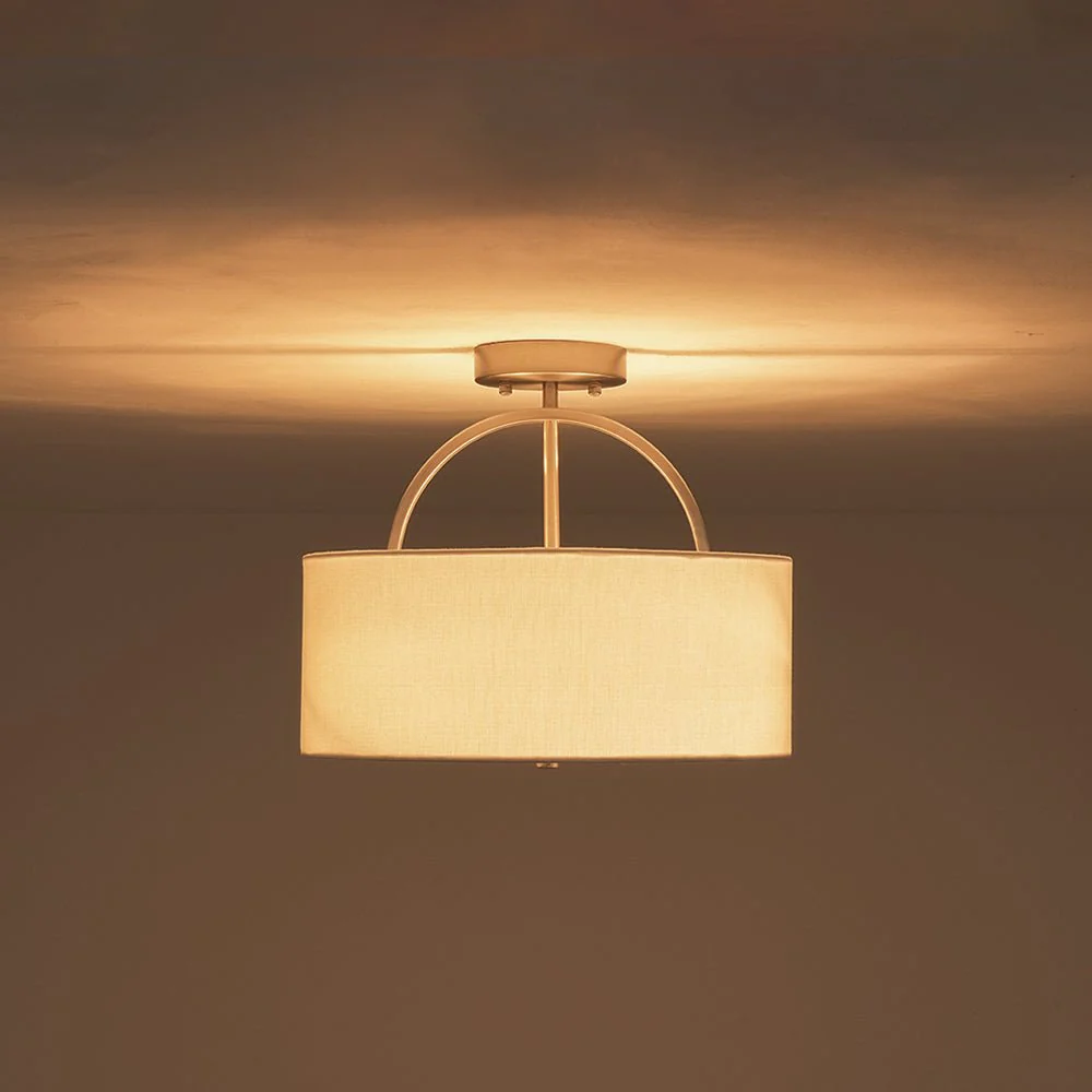 Mid-Century Brass Wide Linen Drum Semi Flush Mount - Image 25