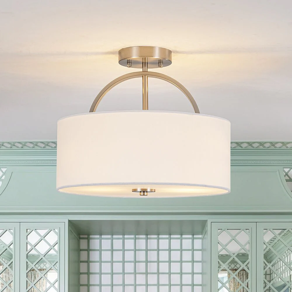 Mid-Century Brass Wide Linen Drum Semi Flush Mount - Image 3