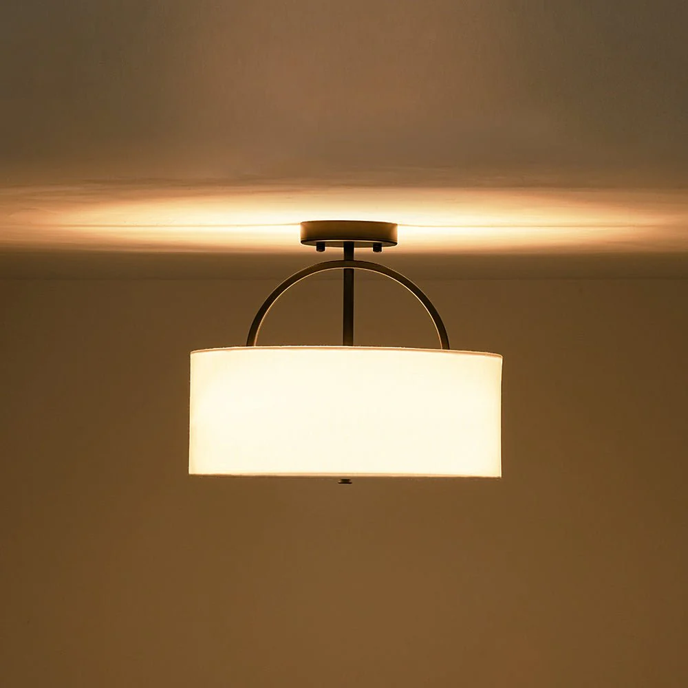 Mid-Century Brass Wide Linen Drum Semi Flush Mount - Image 33