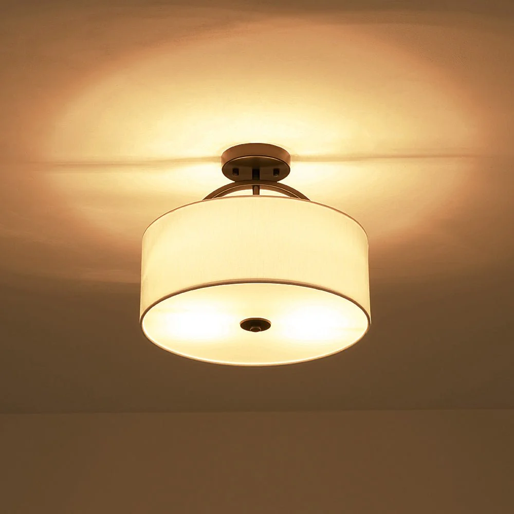 Mid-Century Brass Wide Linen Drum Semi Flush Mount - Image 34