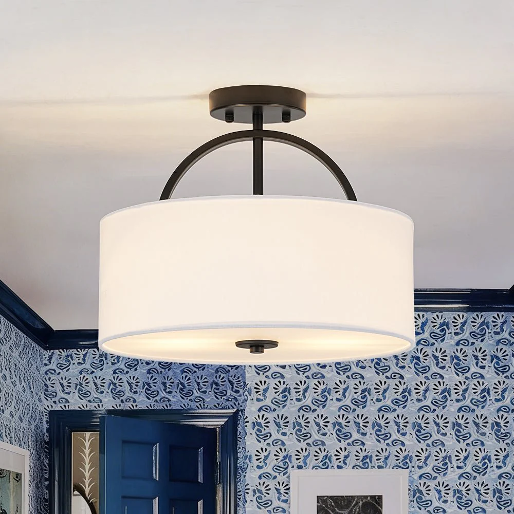 Mid-Century Brass Wide Linen Drum Semi Flush Mount - Image 6