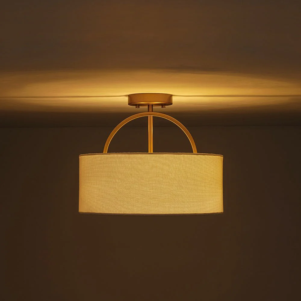 Mid-Century Brass Wide Linen Drum Semi Flush Mount - Image 7
