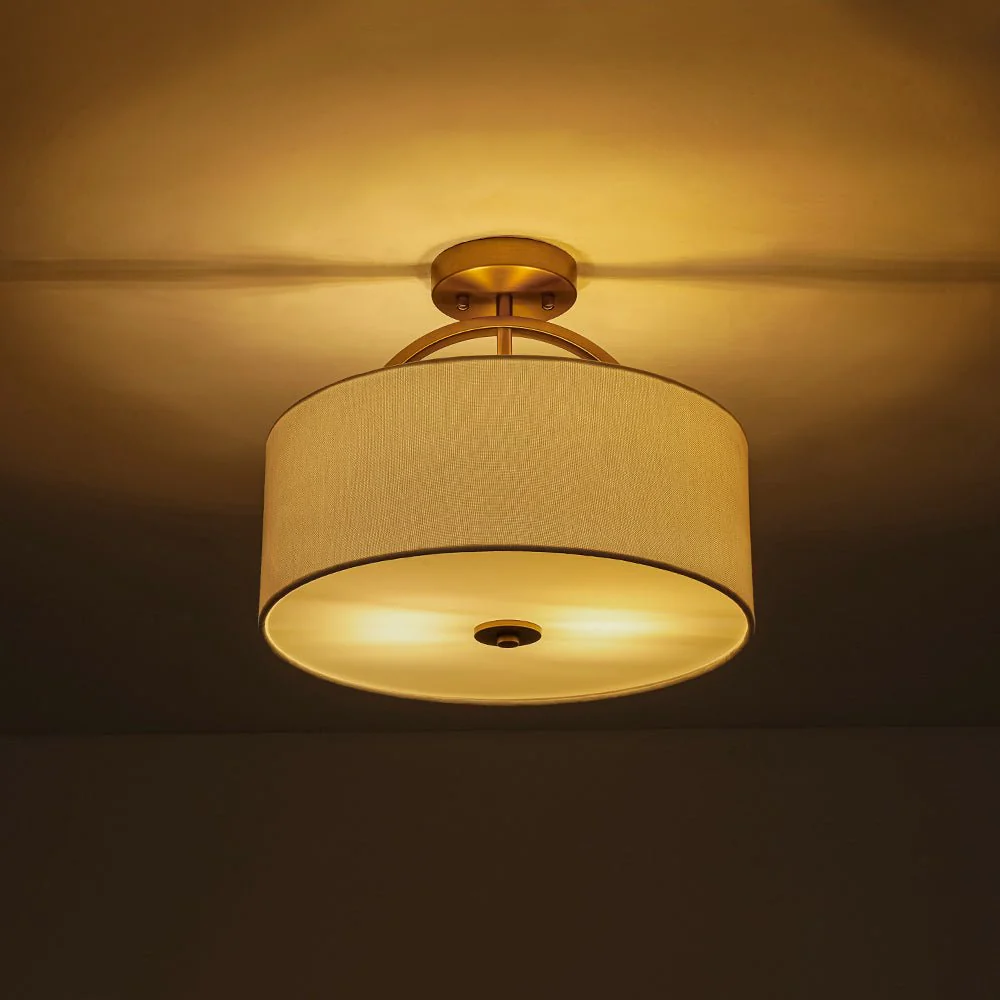 Mid-Century Brass Wide Linen Drum Semi Flush Mount - Image 8