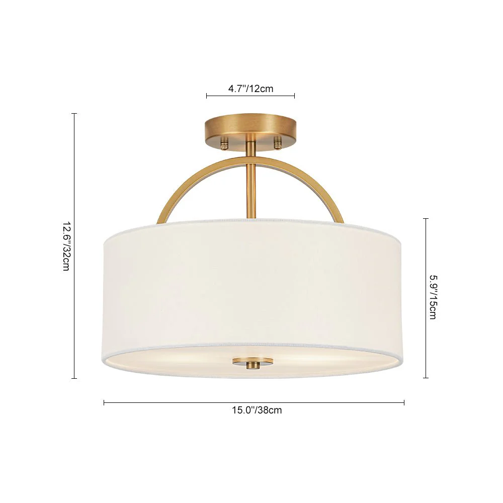 Mid-Century Brass Wide Linen Drum Semi Flush Mount - Image 9