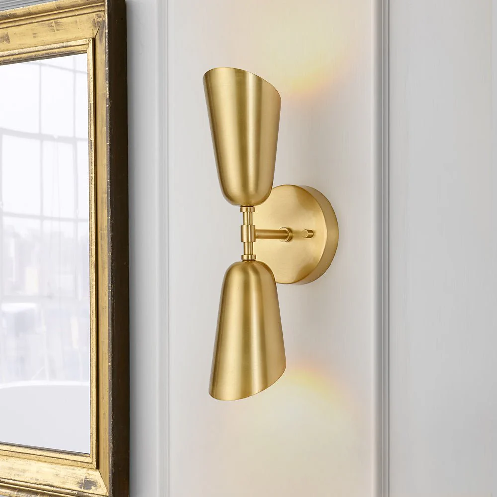 Mid-Century Brushed Brass 2-Light Up Down Dual Cone Wall Lamp - Image 2