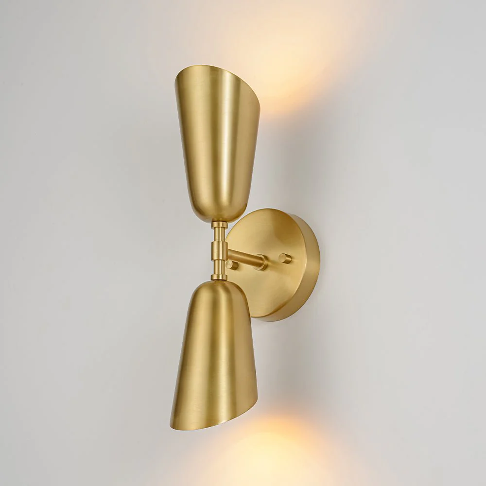 Mid-Century Brushed Brass 2-Light Up Down Dual Cone Wall Lamp - Image 3