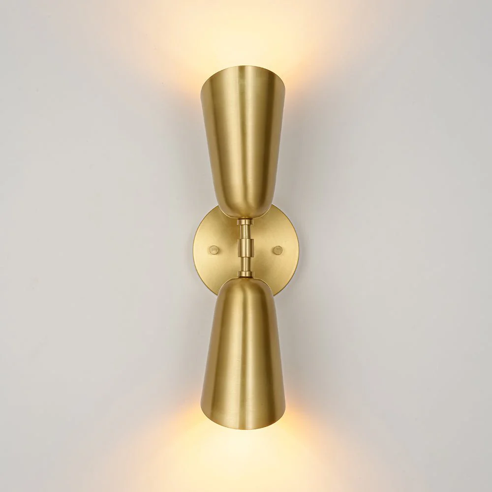 Mid-Century Brushed Brass 2-Light Up Down Dual Cone Wall Lamp - Image 4