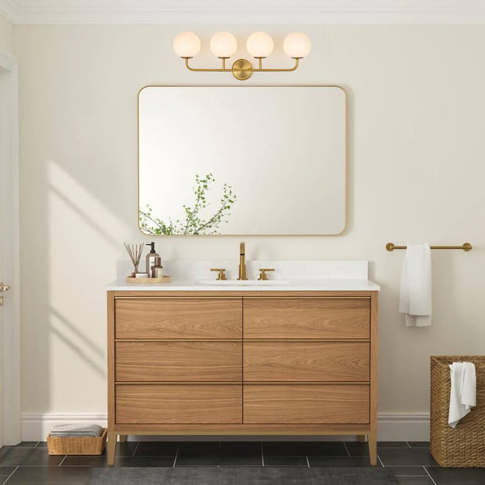 Mid-century Shine Opal Glass Globe Brass Vanity Light - Image 2
