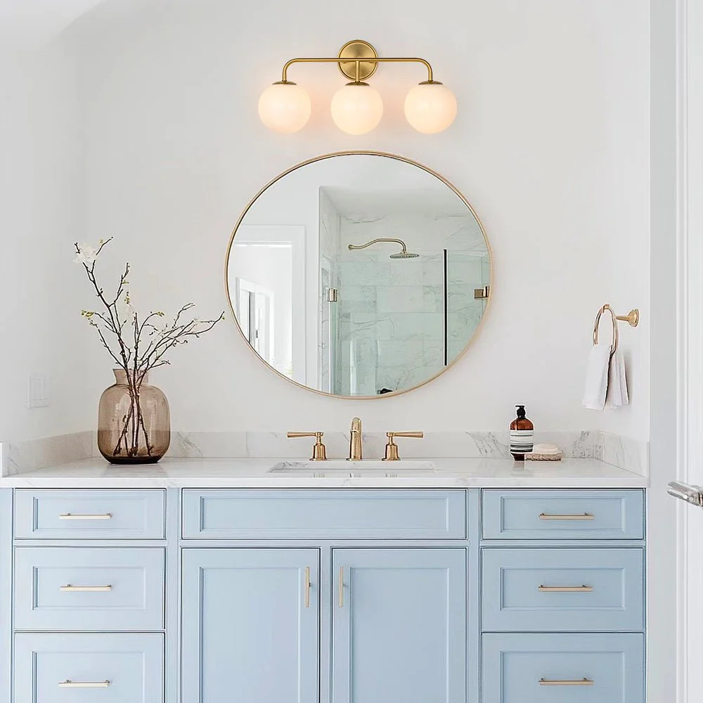 Mid-century Shine Opal Glass Globe Brass Vanity Light - Image 3