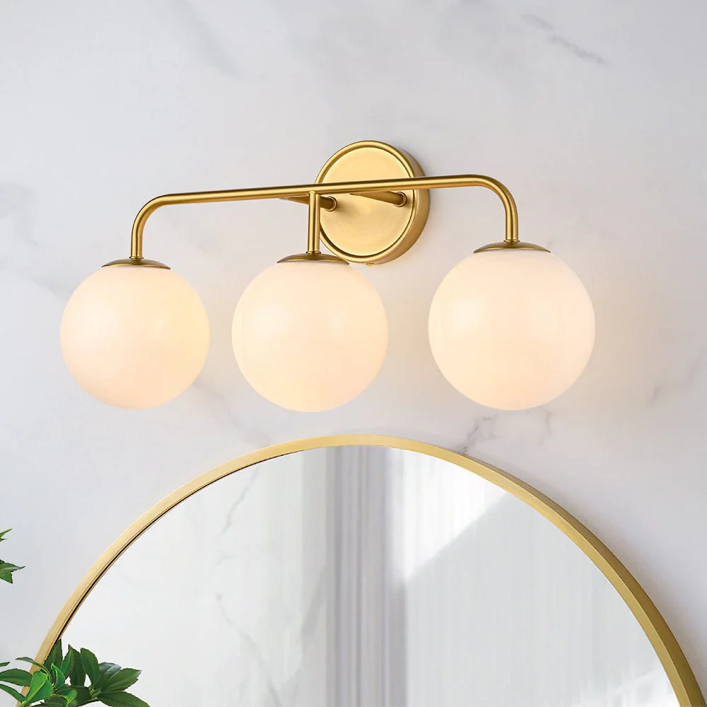 Mid-century Shine Opal Glass Globe Brass Vanity Light - Image 4