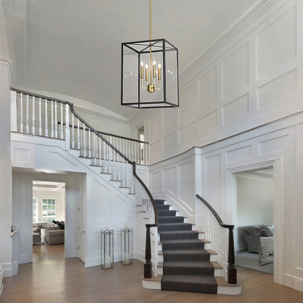 4-Light Candle Style Wide Glass Square Lantern Pendant