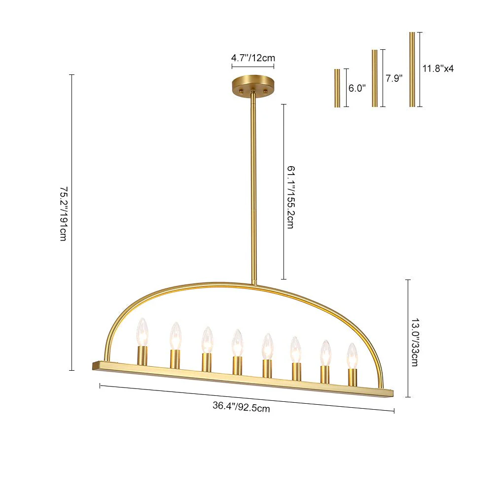 Minimalist 8-Light Brass Candle Style Linear Island Chandelier - Image 9