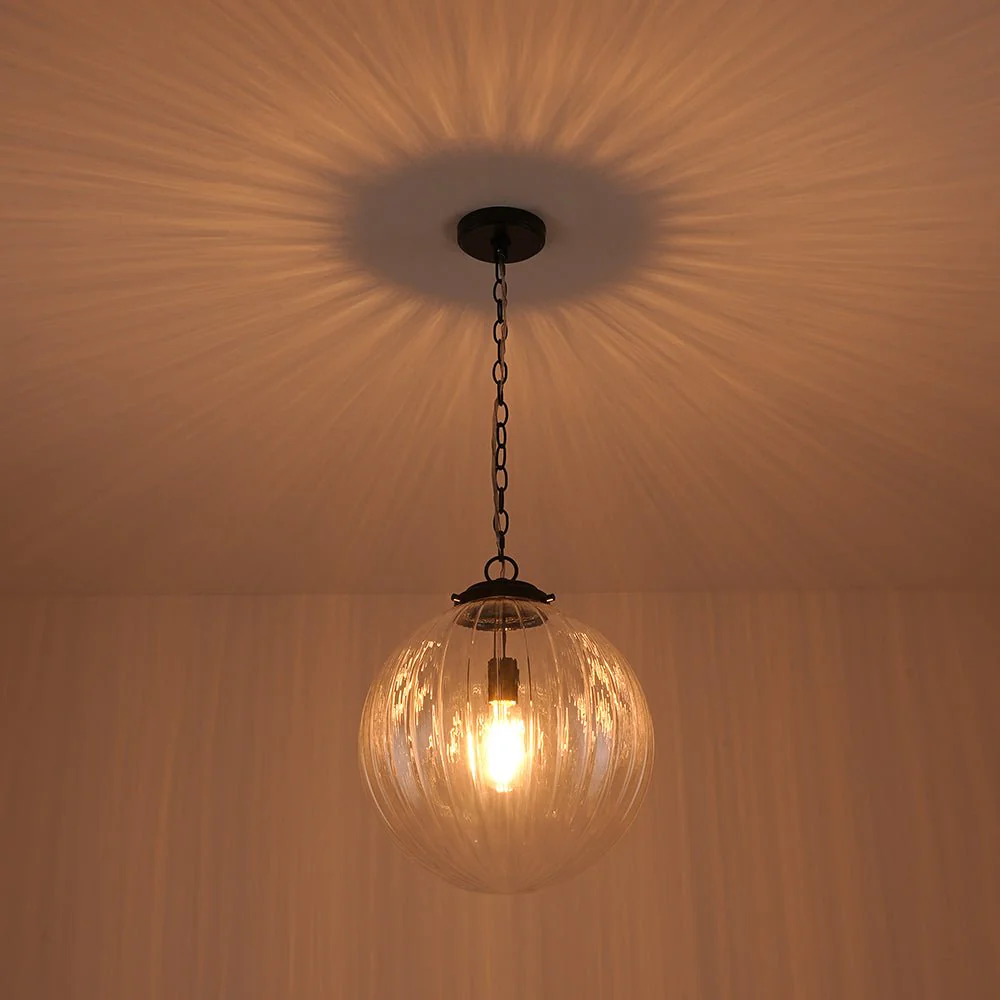 Modern 1-Light Clear Ribbed Glass Globe Pendant - Image 12