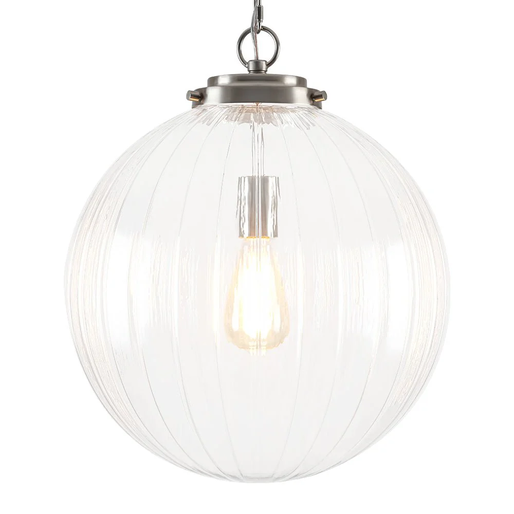 Modern 1-Light Clear Ribbed Glass Globe Pendant - Image 16