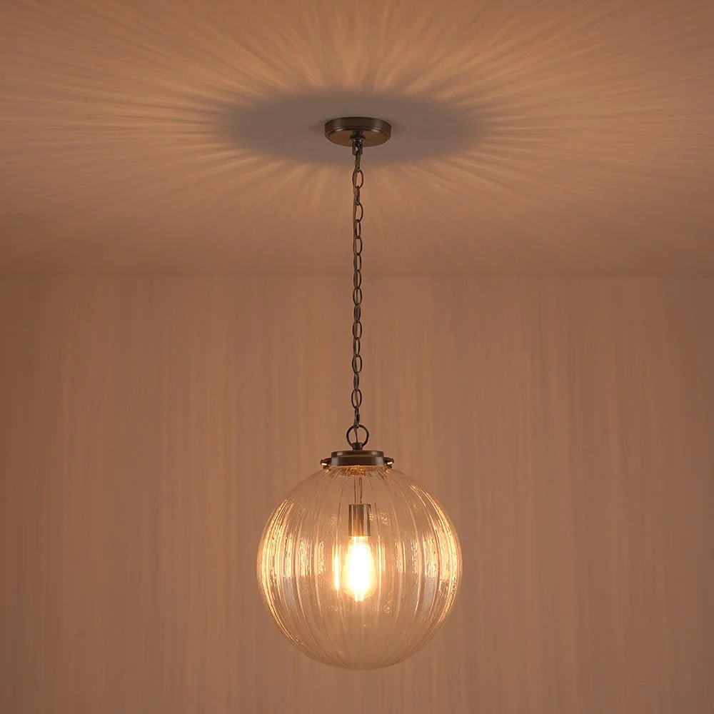 Modern 1-Light Clear Ribbed Glass Globe Pendant - Image 19