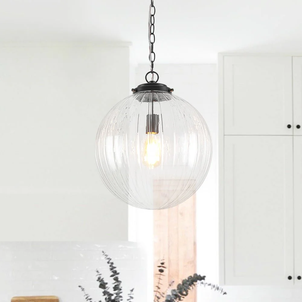 Modern 1-Light Clear Ribbed Glass Globe Pendant - Image 3